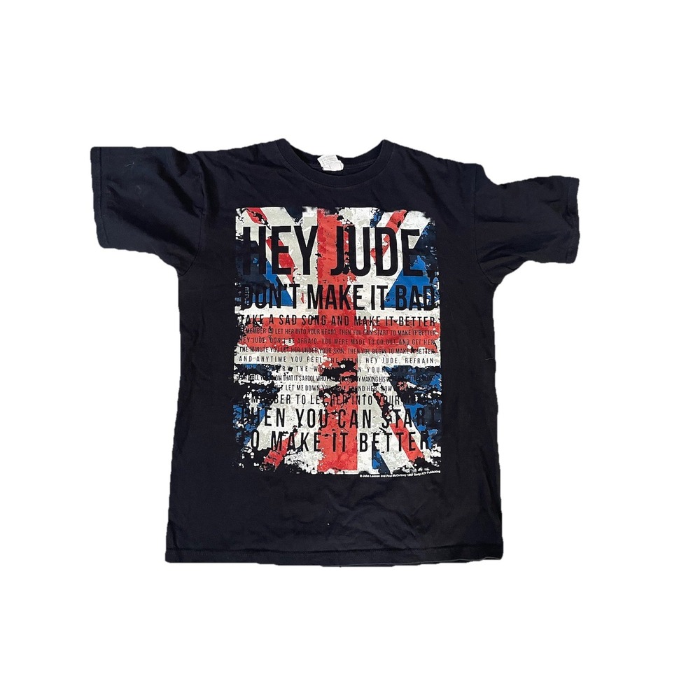 Vintage Beatles Hey Jude Lyrics Shirt UK Flag Black Y2K Medium Lennon McCartney
